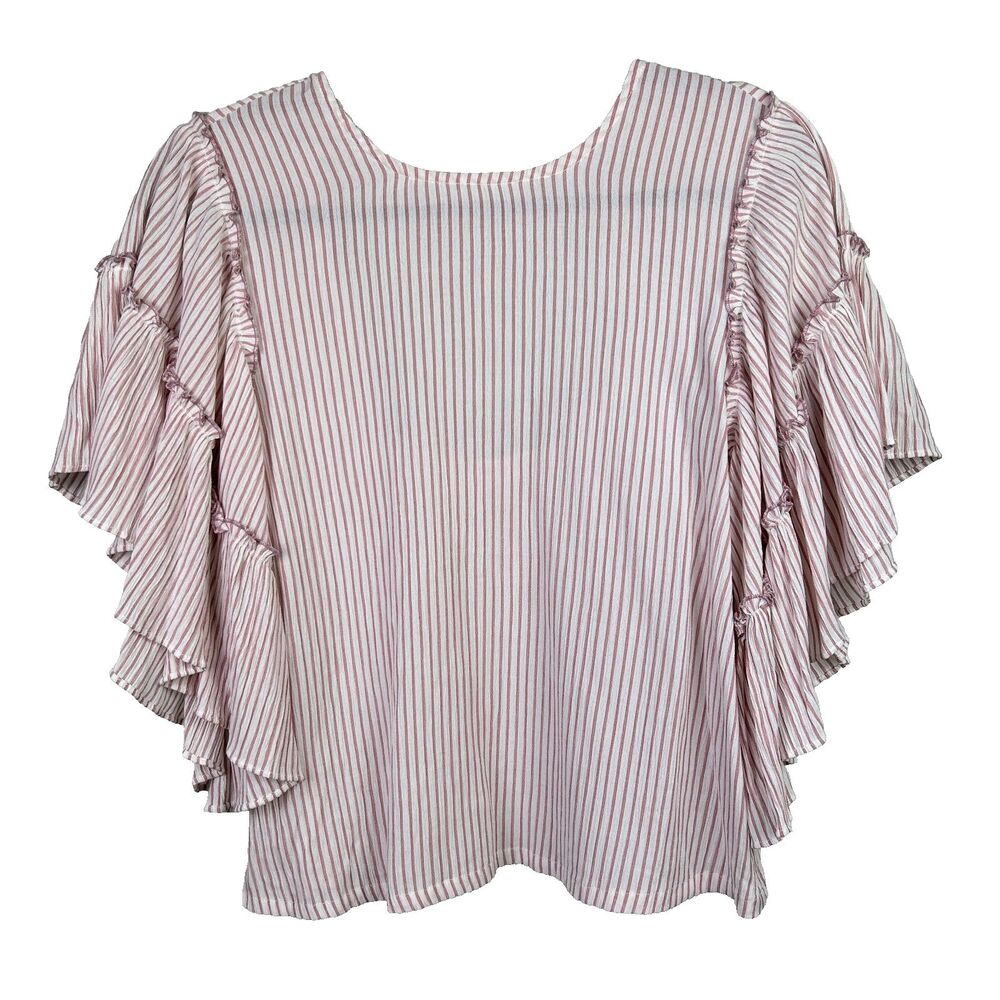 Vestique Pink White Pinstripe Top Ruffle Flutter Sleeve Blouse Open Tie Back S